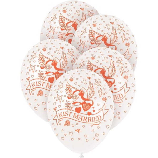Unique Party Just Married Latex Pearlised Wedding Balloons (Pack of 5) White/Red One Size