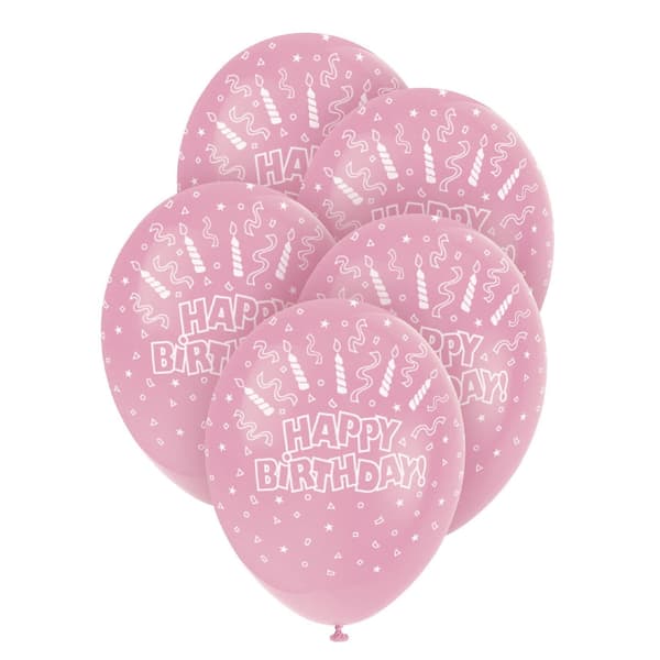 Unique Party Latex Pearlised Happy Birthday Balloons (Pack of 5) Pink/White One Size