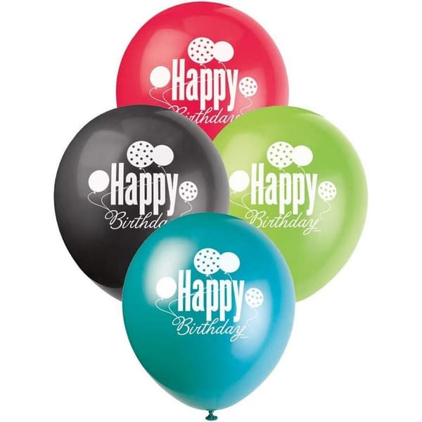 Unique Party Cheer Latex Happy Birthday Balloons (Pack of 8) Red/Black/Green/Blue One Size