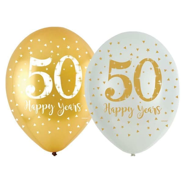 Latex Sparkling 50th Anniversary Balloons (Pack of 6) White/Gold One Size