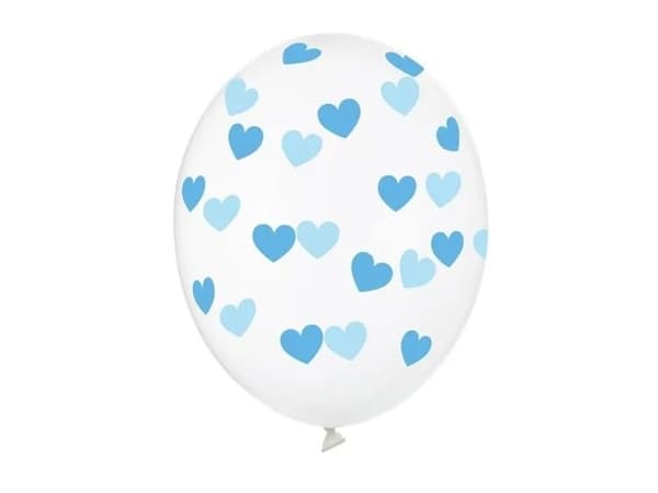 Klare balloner med lyseblå hjerter, 6 stk.