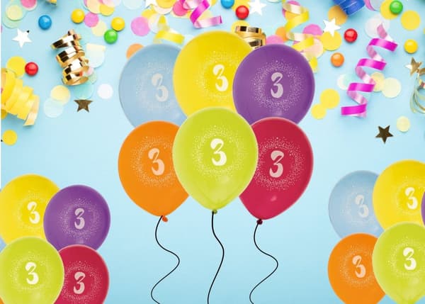 Ballong Födelsedag 3 år 6-pack Latex Mixade