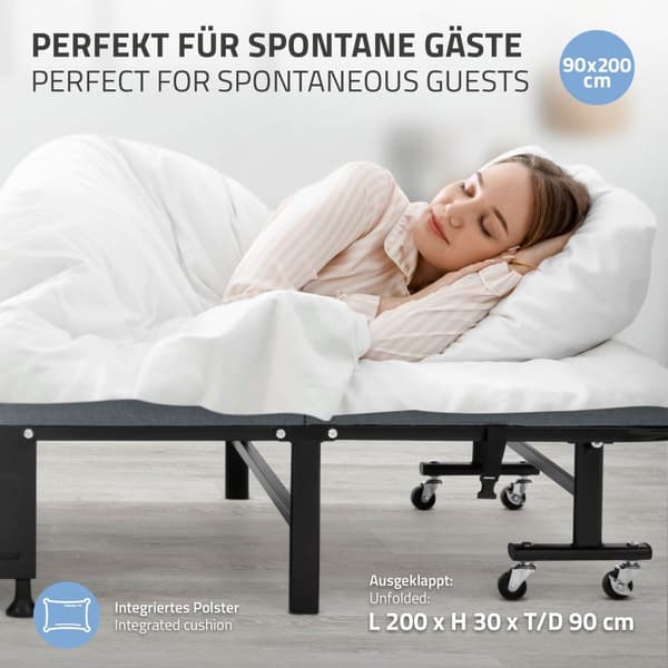 Sammenklappelig gæsteseng 90x200 cm med madras, kan rulles sammen, til børn og voksne op til 200 kg belastningskapacitet