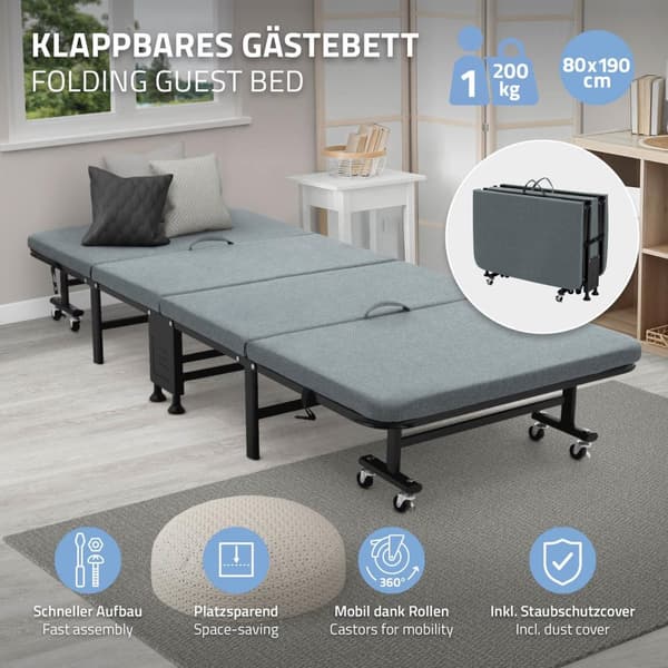 Hopfällbar gästsäng 80x190 cm med hoprullbar madrass för barn och vuxna med upp till 200 kg lastkapacitet