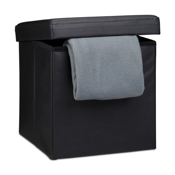 Relaxdays Fällbar sittpuff i konstläder, hopfällbar förvaring, fotpall, kvadratisk storage 38 x 38 x 38 cm, svart