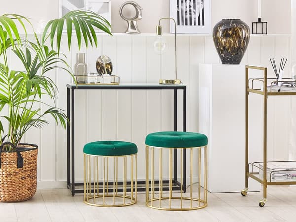 Sett med 2 puffer Mørkegrønn fløyel Gullfarget jernbase Dekorativ knapp Glamorøs og moderne stil Fotskammel Krakk Stue Gang