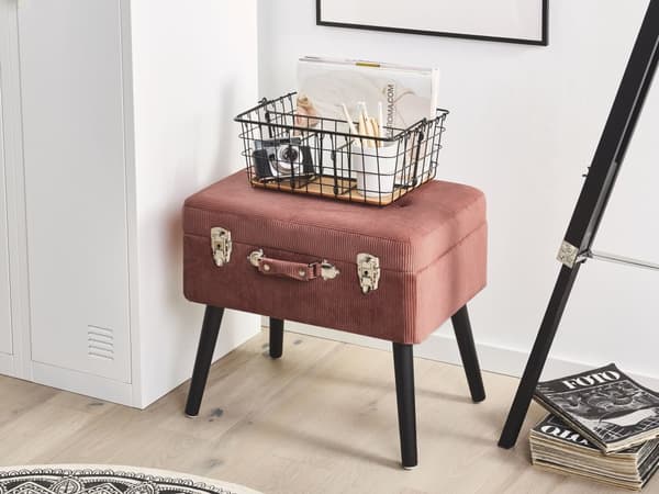 Krakk med oppbevaring Rosa kordfløyel med polstrede, svarte ben Koffertdesign Knopet overdel