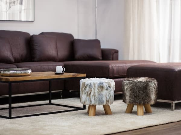 Fotskammel i Grå og Beige Kunstpels Rund Shaggy Krakk på Tripod Ben