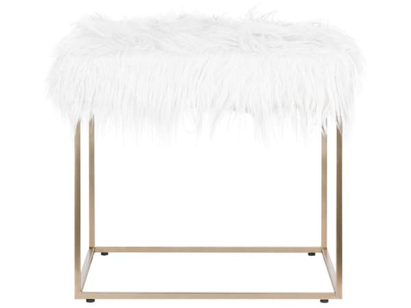 Fotskammel i kunstpels, hvit med gullfarget metallunderstell Kunstfell sminkebordskammel Glam Modern