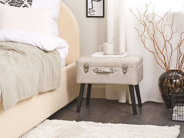 Krakk med oppbevaring Beige kunstskinn med polstrede, svarte ben Koffertdesign Knopet overdel