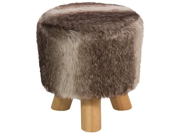 Krakk Brun Beige Fuskepels 33 x 35 x 33 cm Rund form Rustikk stil Puff Skammel