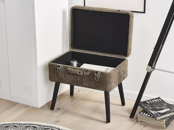 Krakk med oppbevaring Lysebrun kordfløyel med polstring Svarte ben Koffertdesign Knoplet topp