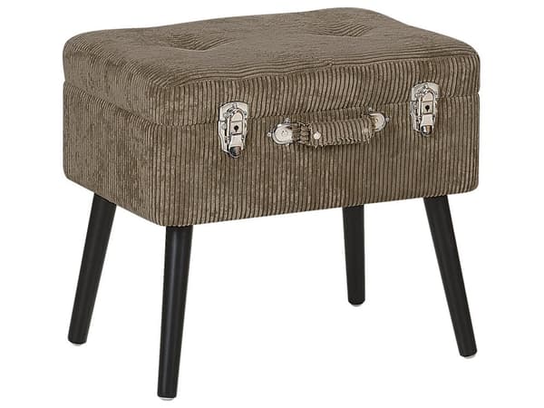 Krakk med oppbevaring Lysebrun kordfløyel med polstring Svarte ben Koffertdesign Knoplet topp