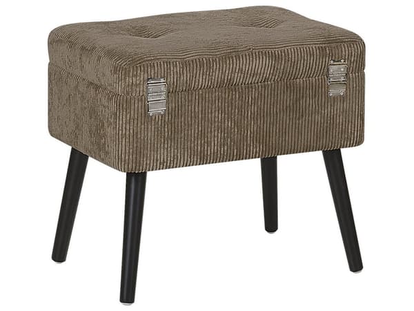 Krakk med oppbevaring Lysebrun kordfløyel med polstring Svarte ben Koffertdesign Knoplet topp