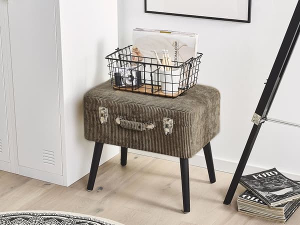 Krakk med oppbevaring Lysebrun kordfløyel med polstring Svarte ben Koffertdesign Knoplet topp