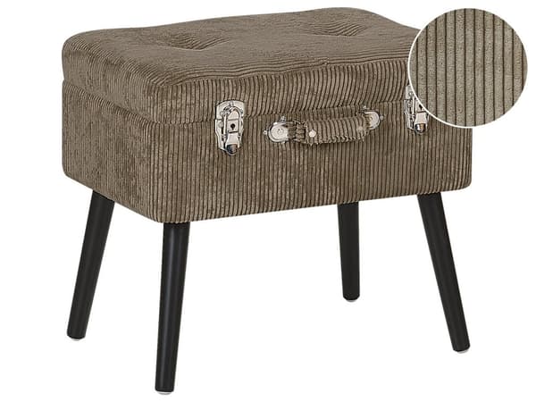 Krakk med oppbevaring Lysebrun kordfløyel med polstring Svarte ben Koffertdesign Knoplet topp