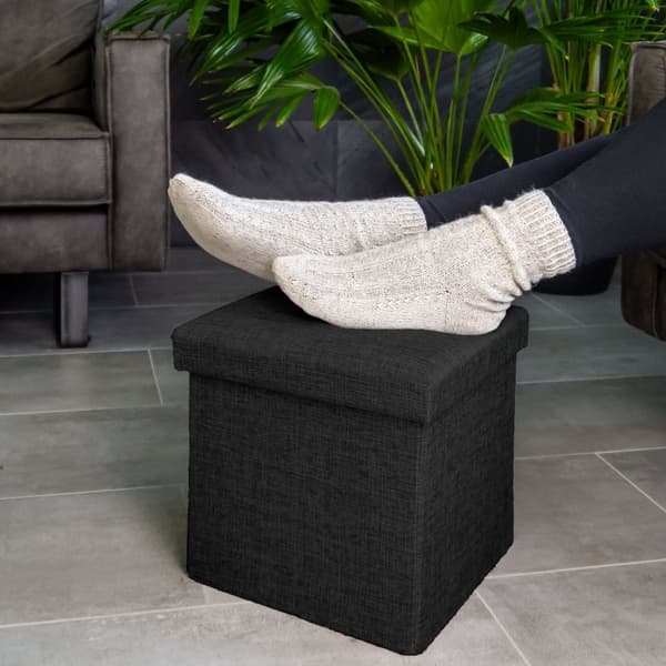 Hopfällbar sittkub 30x30x30 cm sittpall med förvaringsutrymme och lock av tyg i linne-look fällbar fotstöd förvaringslåda bröst sittbänk fotpall