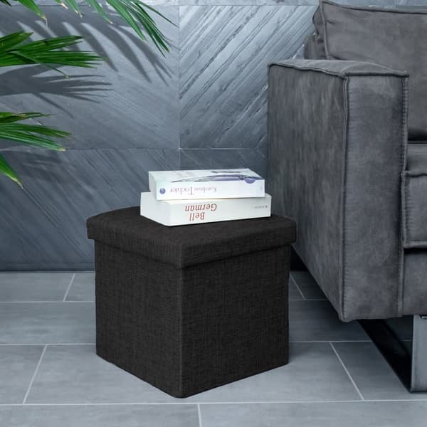 Hopfällbar sittkub 30x30x30 cm sittpall med förvaringsutrymme och lock av tyg i linne-look fällbar fotstöd förvaringslåda bröst sittbänk fotpall