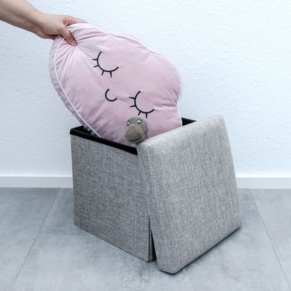 Hopfällbar sittkub 30x30x30 cm sittpall med förvaringsutrymme och lock av tyg i linne-look fällbar fotstöd förvaringslåda bröst sittbänk fotpall