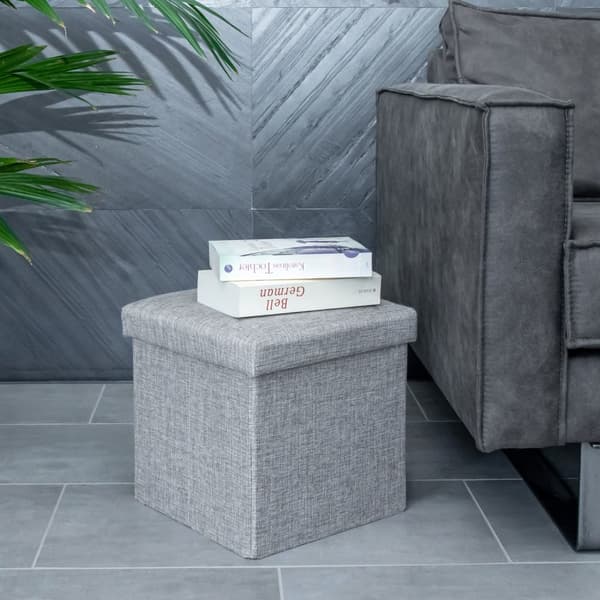 Hopfällbar sittkub 30x30x30 cm sittpall med förvaringsutrymme och lock av tyg i linne-look fällbar fotstöd förvaringslåda bröst sittbänk fotpall