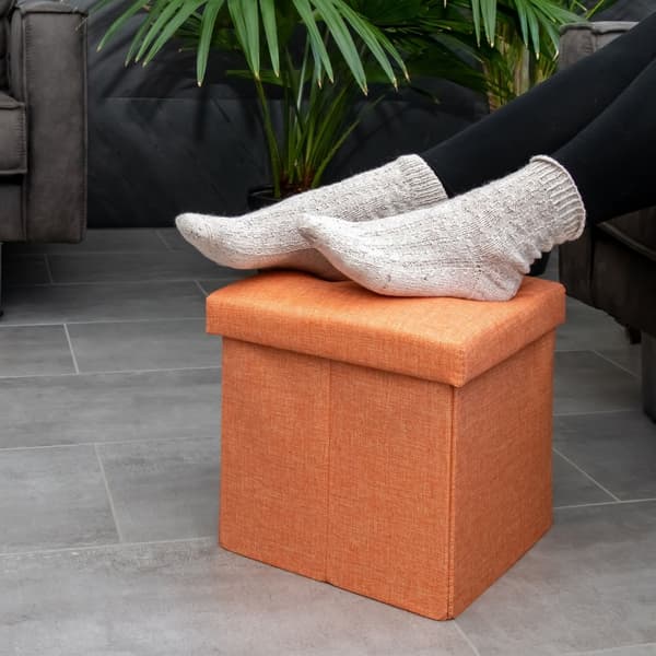 Hopfällbar sittkub 30x30x30 cm sittpall med förvaringsutrymme och lock av tyg i linne-look fällbar fotstöd förvaringslåda bröst sittbänk fotpall