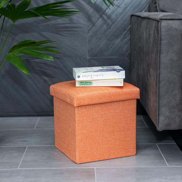 Hopfällbar sittkub 30x30x30 cm sittpall med förvaringsutrymme och lock av tyg i linne-look fällbar fotstöd förvaringslåda bröst sittbänk fotpall