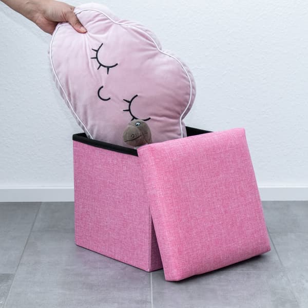 Hopfällbar sittkub 30x30x30 cm sittpall med förvaringsutrymme och lock av tyg i linne-look fällbar fotstöd förvaringslåda bröst sittbänk fotpall