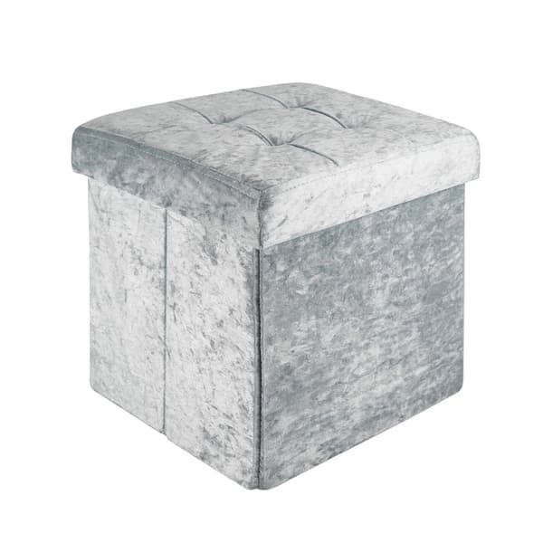Hopfällbar sittkub 30x30x30 cm sittkub med förvaringsutrymme och lock med sammetsöverdrag sittpall fotstöd förvaringslåda bröstkorg sittbänk sammet blå grå