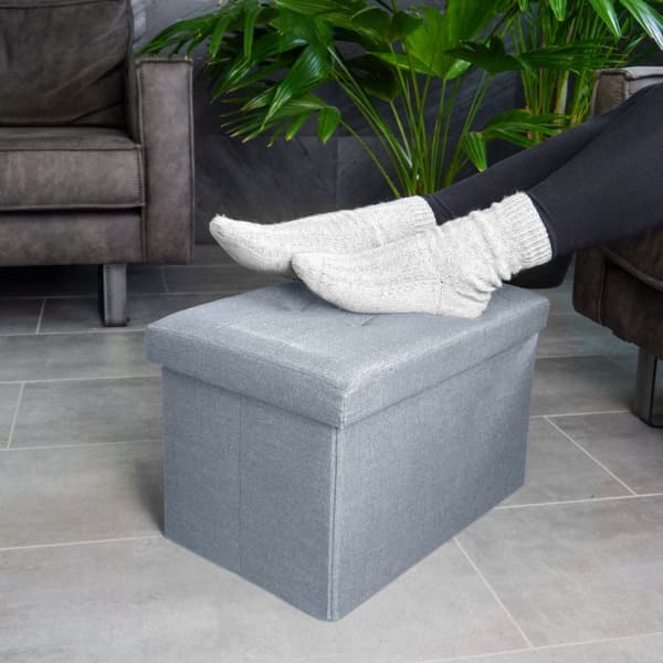 Hopfällbar bänk 49x30x30 cm sittkub med förvaringsutrymme och lock tillverkad av tyg i linne-look sittkub fotstöd förvaringslåda bröst sittpall