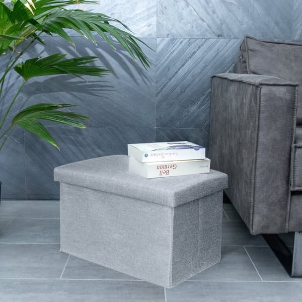 Hopfällbar bänk 49x30x30 cm sittkub med förvaringsutrymme och lock tillverkad av tyg i linne-look sittkub fotstöd förvaringslåda bröst sittpall