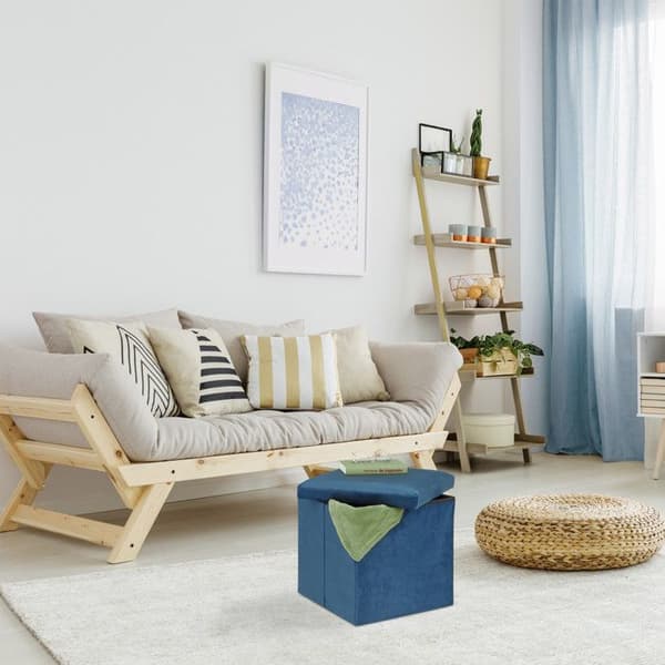 Relaxdays Pall, Säte med Förvaring, H x B x D: 38 x 38 x 38 cm, Fällbar, Pall i MDF och Sammet, Blå
