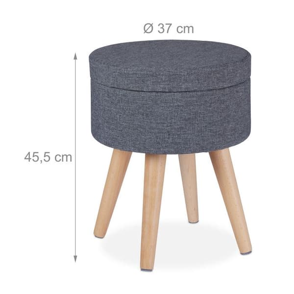 Relaxdays pouf för sminkning med funktion som bord, vadderat lock, förvaring, HxD: 45,5x37cm, tyg, träben, grå/natur.