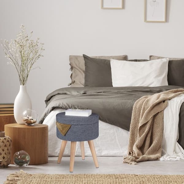 Relaxdays pouf för sminkning med funktion som bord, vadderat lock, förvaring, HxD: 45,5x37cm, tyg, träben, grå/natur.