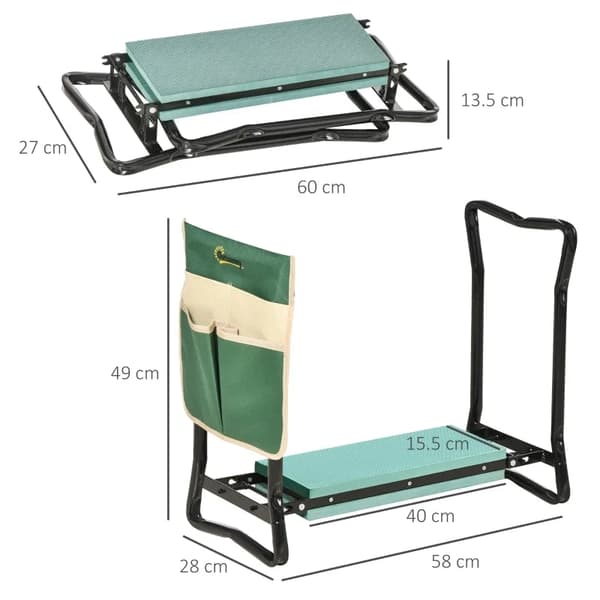 Rootz Kneeler - Vikbar trädgårdspall - 2 i 1 knästöd med verktygsväska - EVA - Skum - Grön - 58 x 28 x 49 cm