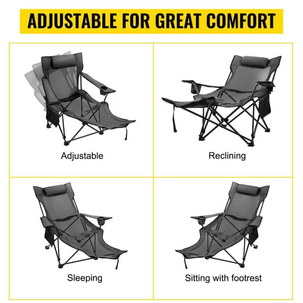 150kg lastkapacitet portabel och hopfällbar liggande campingstol med fotstöd, justerbar höjd, andningsbar mesh, genomtänkt design