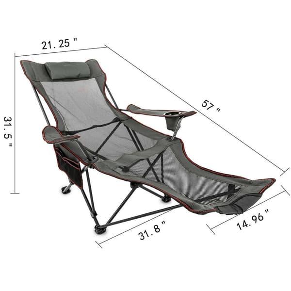 150kg lastkapacitet portabel och hopfällbar liggande campingstol med fotstöd, justerbar höjd, andningsbar mesh, genomtänkt design
