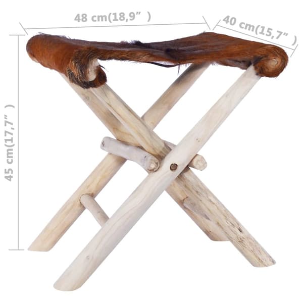 Hopfällbar pall äkta läder och massiv teak