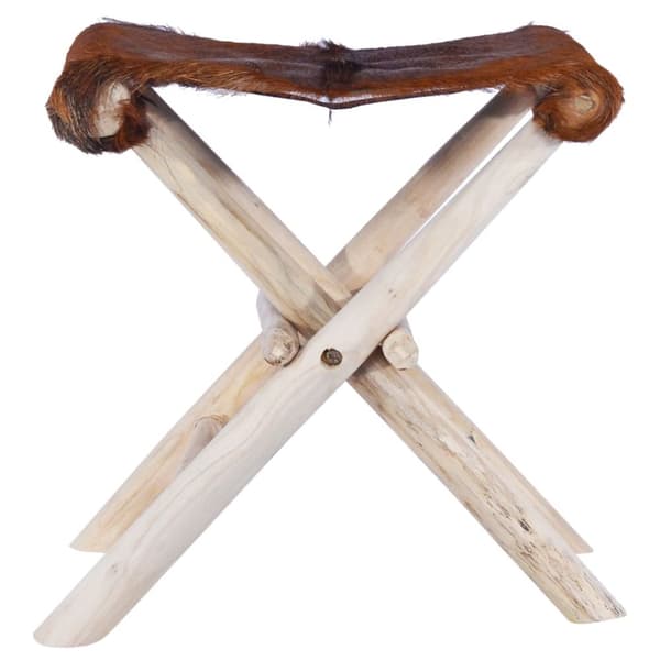 Hopfällbar pall äkta läder och massiv teak