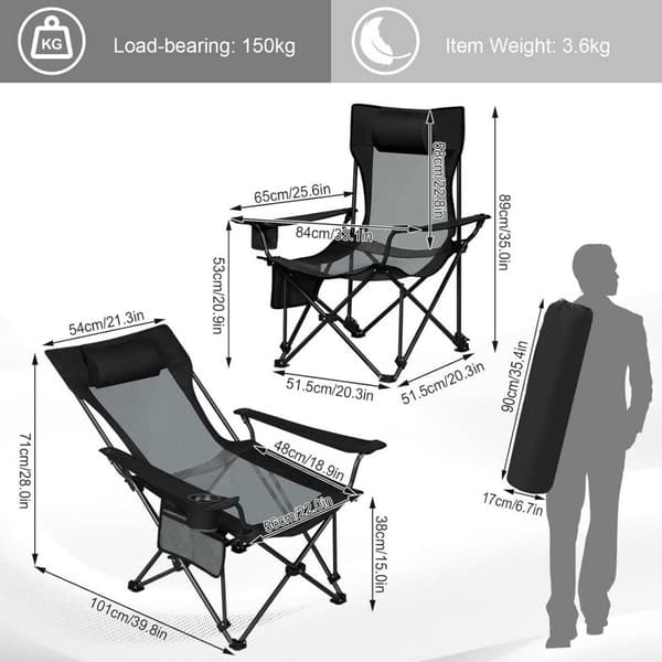 Rootz Ultimate Outdoor Folding Chair - Justerbar vilstol - Bärbar sits - Bekväm, hållbar, enkel förvaring - 600D Oxford-tyg - 84cm x 89cm x 65cm (sitt