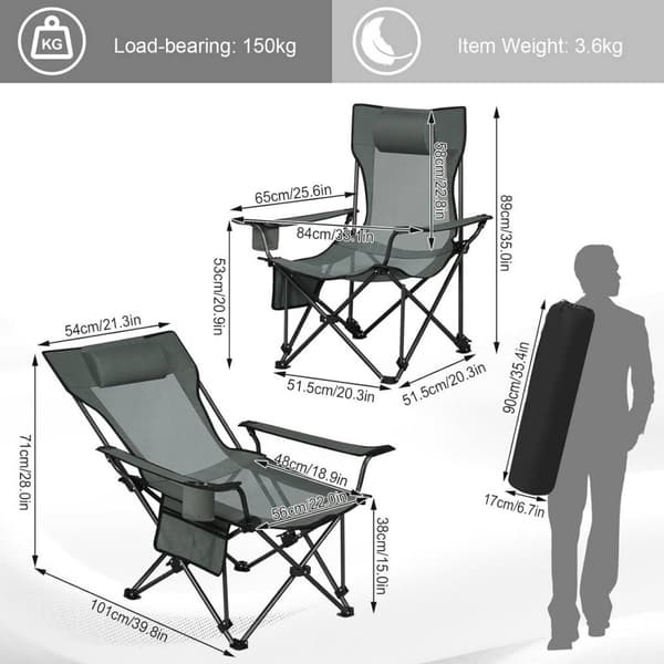 Rootz Ultimate Outdoor Foldestol - Justerbar hvilestol - Bærbart sæde - Holdbart, behageligt, praktisk - 600D Oxford stof - 84 cm x 89 cm x 65 cm (sid