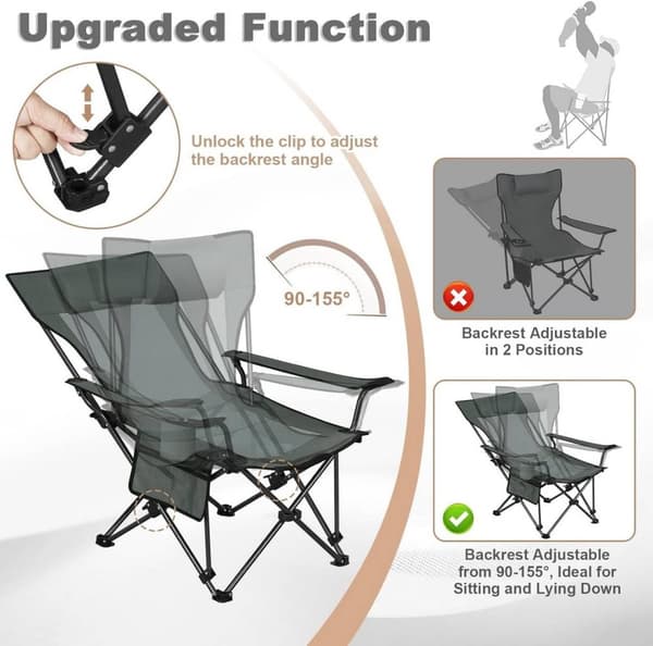 Rootz Ultimate Outdoor Foldestol - Justerbar hvilestol - Bærbart sæde - Holdbart, behageligt, praktisk - 600D Oxford stof - 84 cm x 89 cm x 65 cm (sid