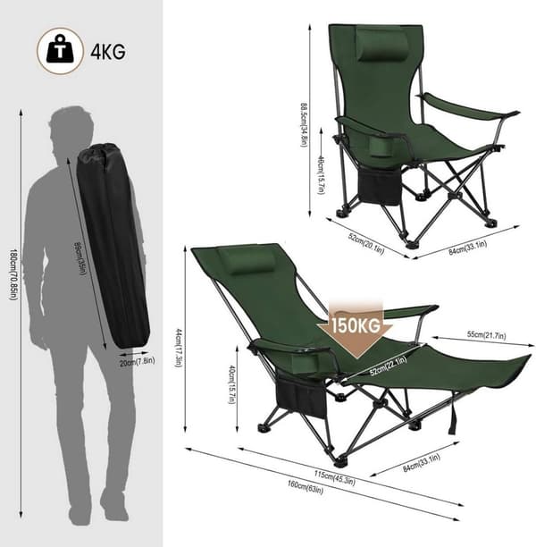 Rootz Ultimate Outdoor -taitettava tuoli - Säädettävä kalastustuoli - Kannettava retkeilytuoli - Kevyt, tukeva, mukava - 600D Oxford -kangas - 115cm x