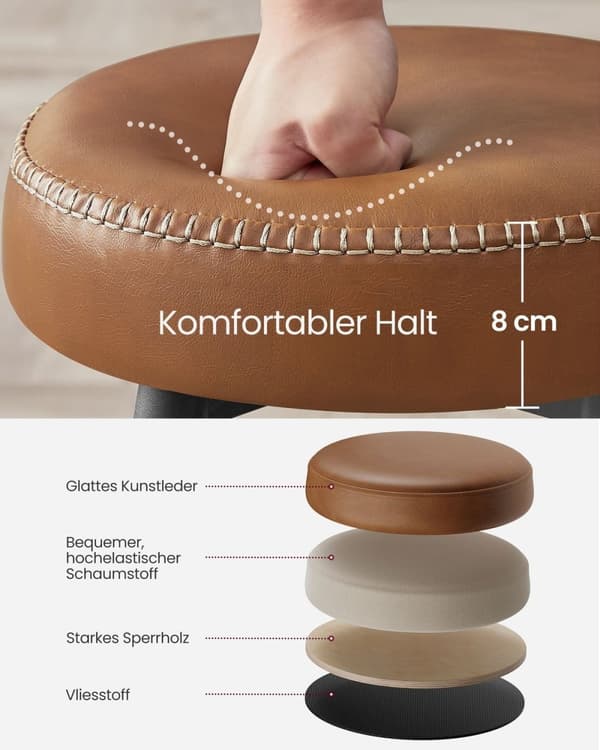 Rootz 2-delt sæt barstole - Køkkenstole - Stole i kontrahøjde - Stålstel - Højelastisk skum - PU syntetisk læder - Krydsfiner - 51,6 cm x 51,6 cm x 76