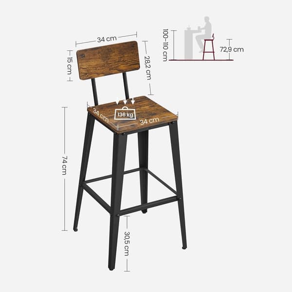 Rootz Vintage Brun-Svart 2-delad uppsättning barstolar - Kökspallar - Bänkpallar - Spånskiva och stål - 45,7 cm x 45,7 cm x 101,6 cm - Snygg design -