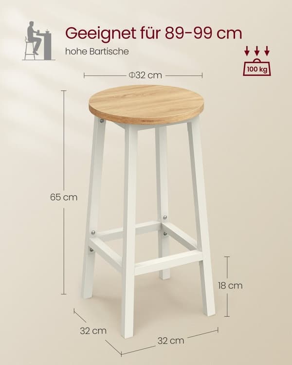 Rootz 2-delade Barstolar - Kökspallar - Spånskiva stål - Ek Beige-Vit - 100 kg Kapacitet - Kompakt design - Enkel montering - 32cm x 65cm