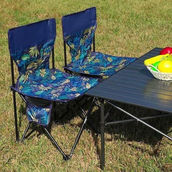 Fällbar campingstol, bärbar trädgårdsstol med förvaringsväska, fiskestol, solstol, blå löv