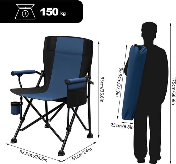 Rootz fiskestol - bærbar foldbar campingstol - udendørs strandstol - Oxford stof - 62 cm x 93 cm x 61 cm
