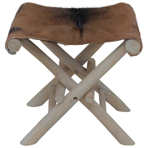 Hopfällbar pall äkta läder och massiv teak