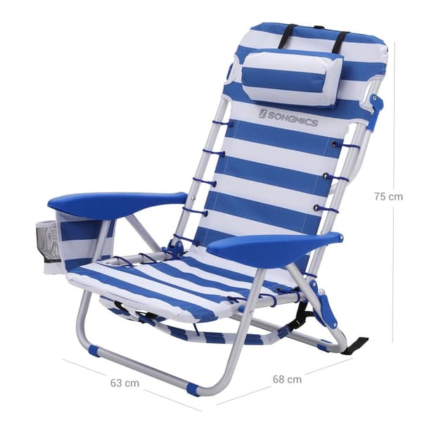 Strandstol - Foldbar - Justerbar - Aluminiumsramme - Med blå/hvide puder