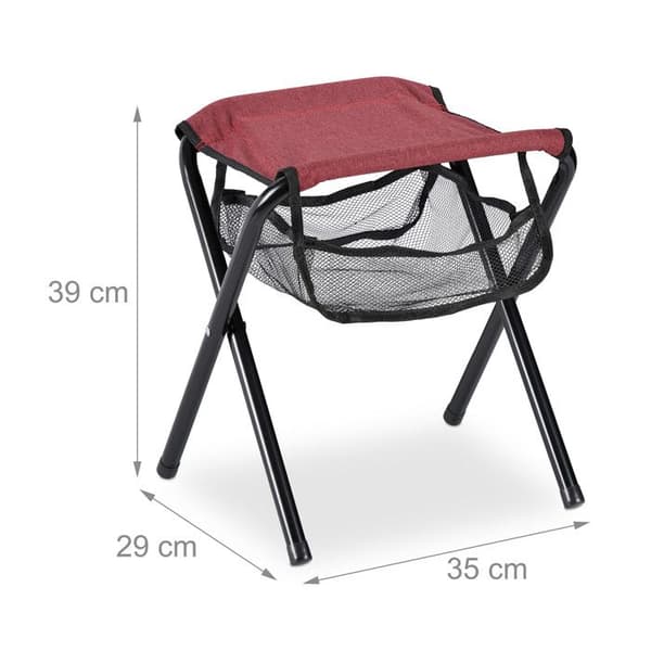 Relaxdays Fällbar campingpall, med ficka, upp till 120 kg, hopfällbar, lätt, strandstol, HxLxD: 39x29x35 cm, röd